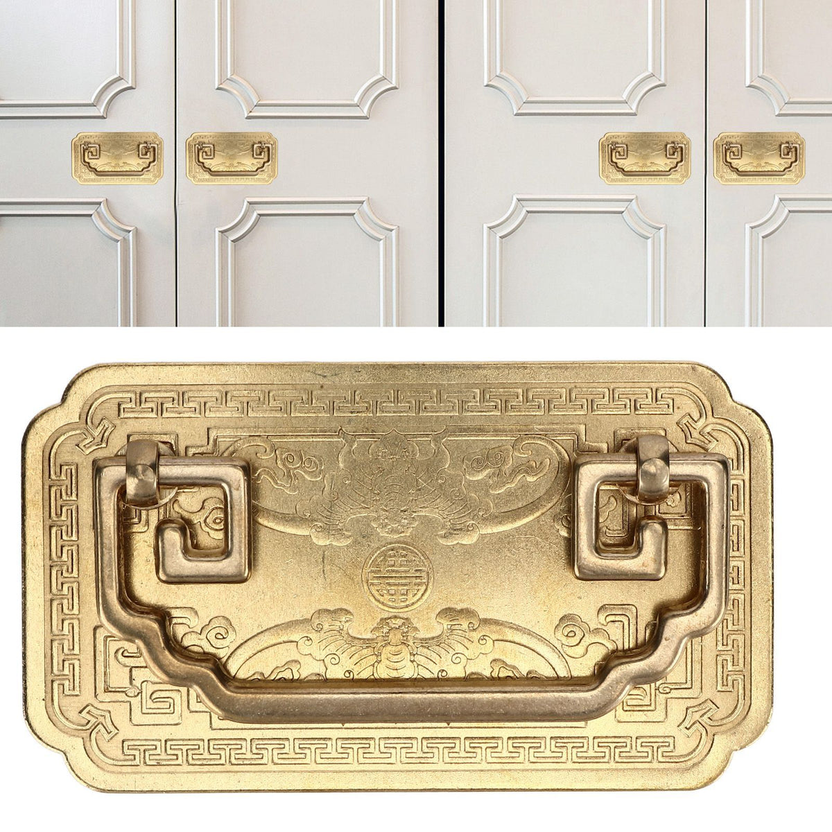 Antique Drawer Handle Tetragonal Bat Handle Antique Chinese Retro Style Drawer Pulls with 2 Screws for Cabinet Doors Brass
