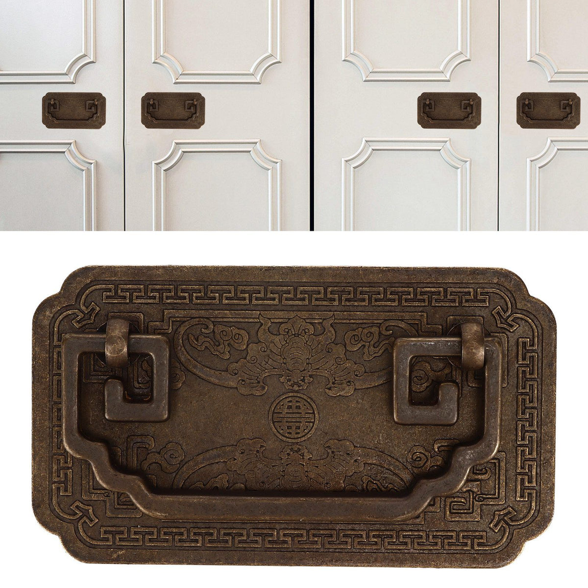 Antique Drawer Handle Tetragonal Bat Handle Antique Chinese Retro Style Drawer Pulls with 2 Screws for Cabinet Doors Bronze