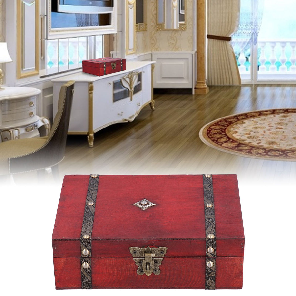 Jewelry Box Antique Wooden Photography Shooting Props Desktop Storage Box with Lock