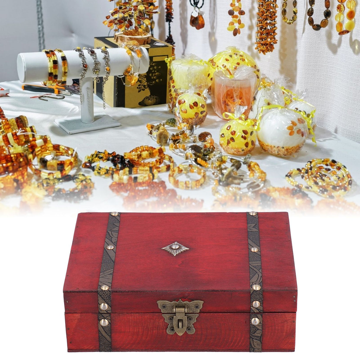 Jewelry Box Antique Wooden Photography Shooting Props Desktop Storage Box with Lock
