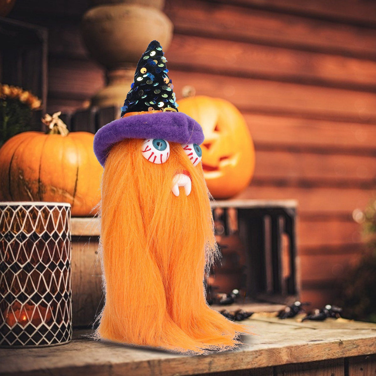 Halloween Dolls Ornament Halloween Plush Gnome with Witch Hat and Vampires Tooth for Halloween DecorationsOrange