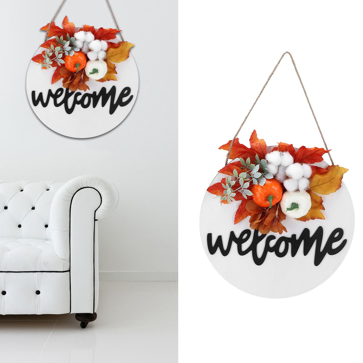 Round Wood Door Sign Farmhouse Front Door Hanging Welcome Sign Decors for Halloween ChristmasMaple Leaf Cotton