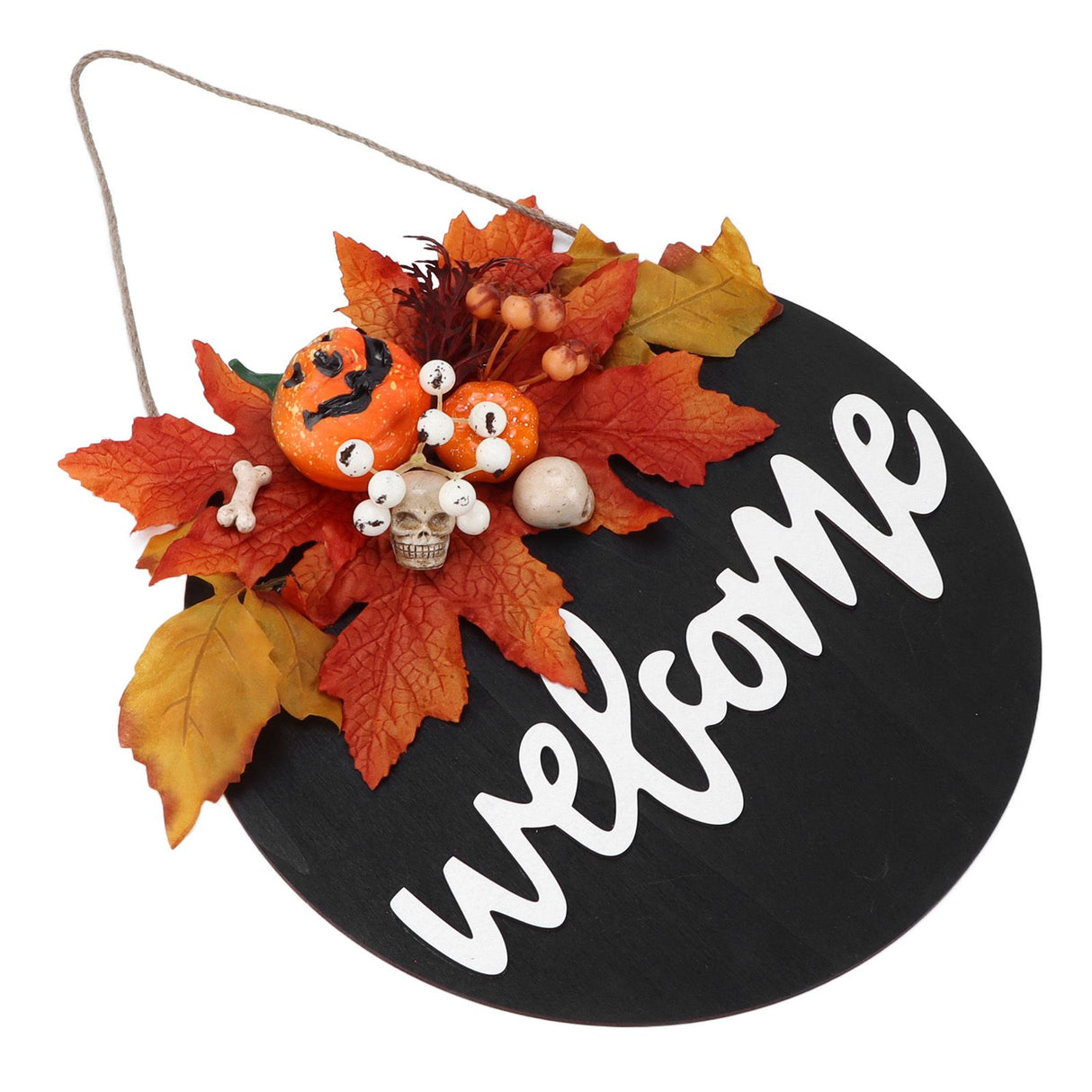 Round Wood Door Sign Farmhouse Front Door Hanging Welcome Sign Decors for Halloween ChristmasMaple Leaf Skeleton