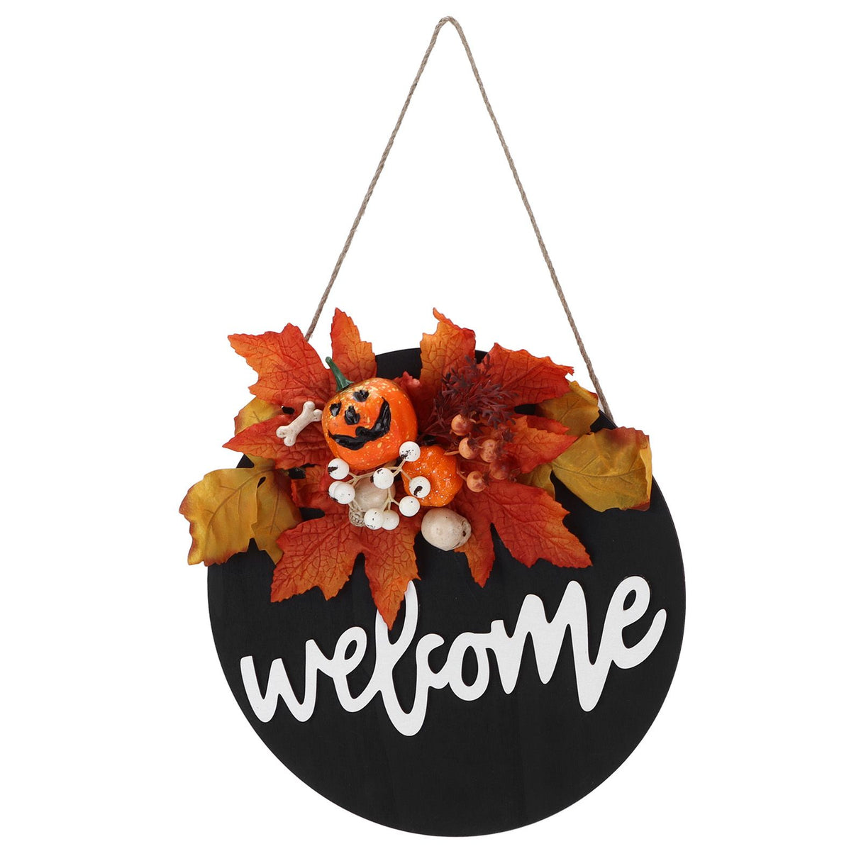 Round Wood Door Sign Farmhouse Front Door Hanging Welcome Sign Decors for Halloween ChristmasMaple Leaf Skeleton