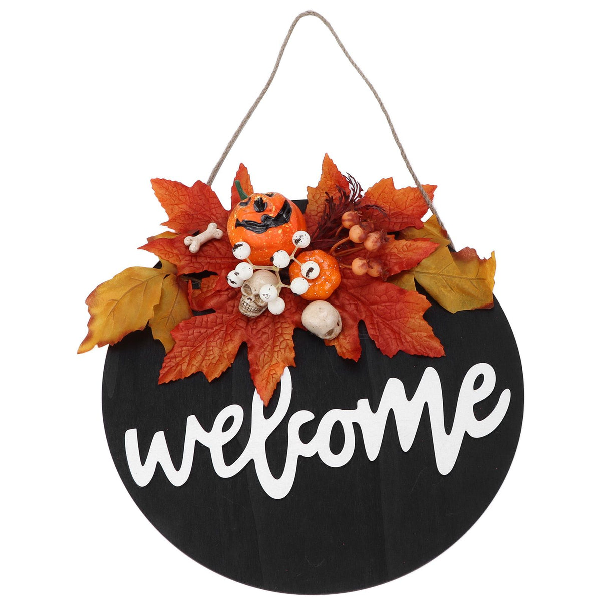 Round Wood Door Sign Farmhouse Front Door Hanging Welcome Sign Decors for Halloween ChristmasMaple Leaf Skeleton