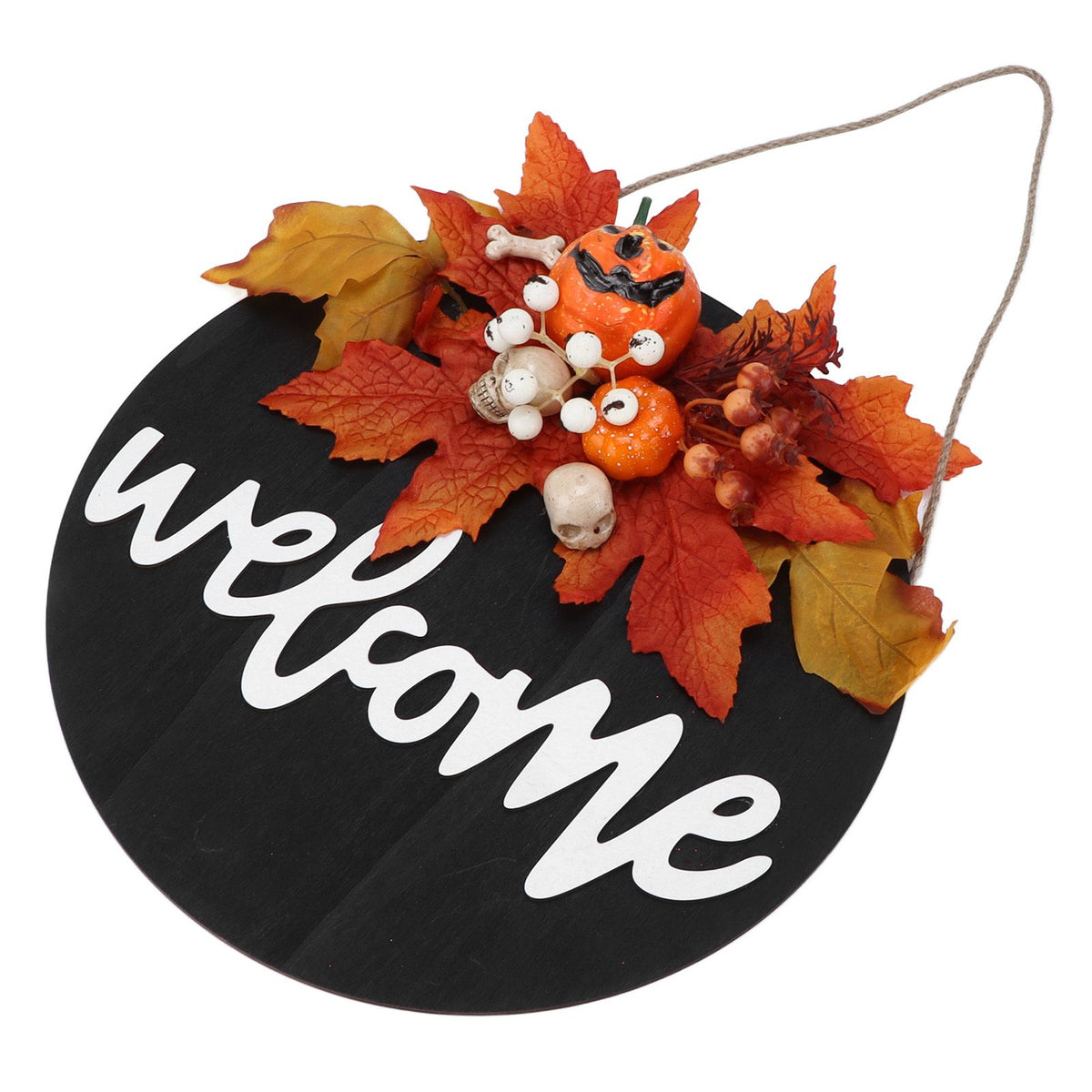 Round Wood Door Sign Farmhouse Front Door Hanging Welcome Sign Decors for Halloween ChristmasMaple Leaf Skeleton