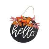 Round Wood Door Sign Farmhouse Front Door Hanging Welcome Sign Decors for Halloween ChristmasPurple Leaf Pumpkin - Side View