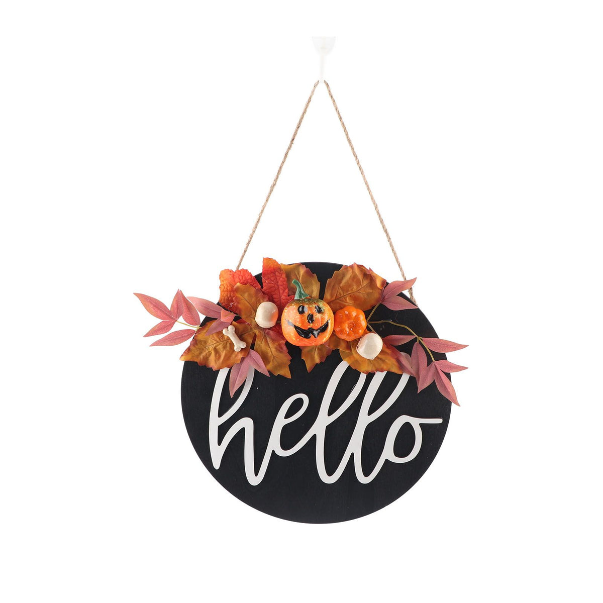 Round Wood Door Sign Farmhouse Front Door Hanging Welcome Sign Decors for Halloween ChristmasPurple Leaf Pumpkin