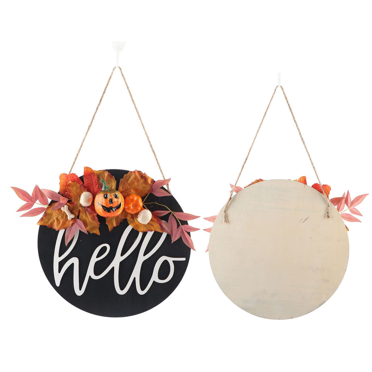 Round Wood Door Sign Farmhouse Front Door Hanging Welcome Sign Decors for Halloween ChristmasPurple Leaf Pumpkin