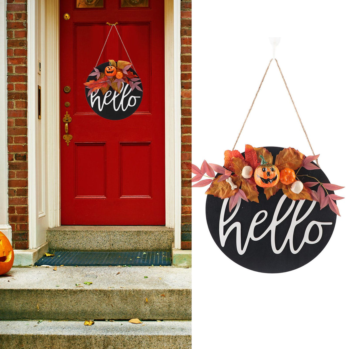 Round Wood Door Sign Farmhouse Front Door Hanging Welcome Sign Decors for Halloween ChristmasPurple Leaf Pumpkin