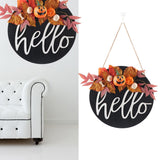 Round Wood Door Sign Farmhouse Front Door Hanging Welcome Sign Decors for Halloween ChristmasPurple Leaf Pumpkin - Extra Image