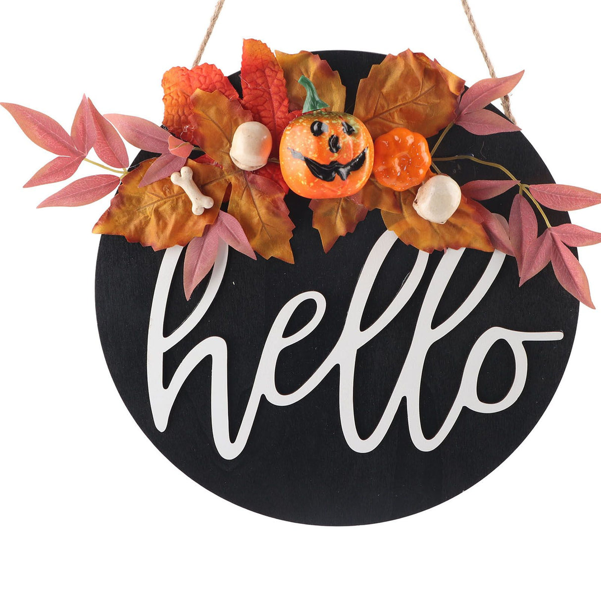 Round Wood Door Sign Farmhouse Front Door Hanging Welcome Sign Decors for Halloween ChristmasPurple Leaf Pumpkin