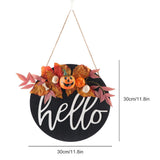 Round Wood Door Sign Farmhouse Front Door Hanging Welcome Sign Decors for Halloween ChristmasPurple Leaf Pumpkin - Extra Image