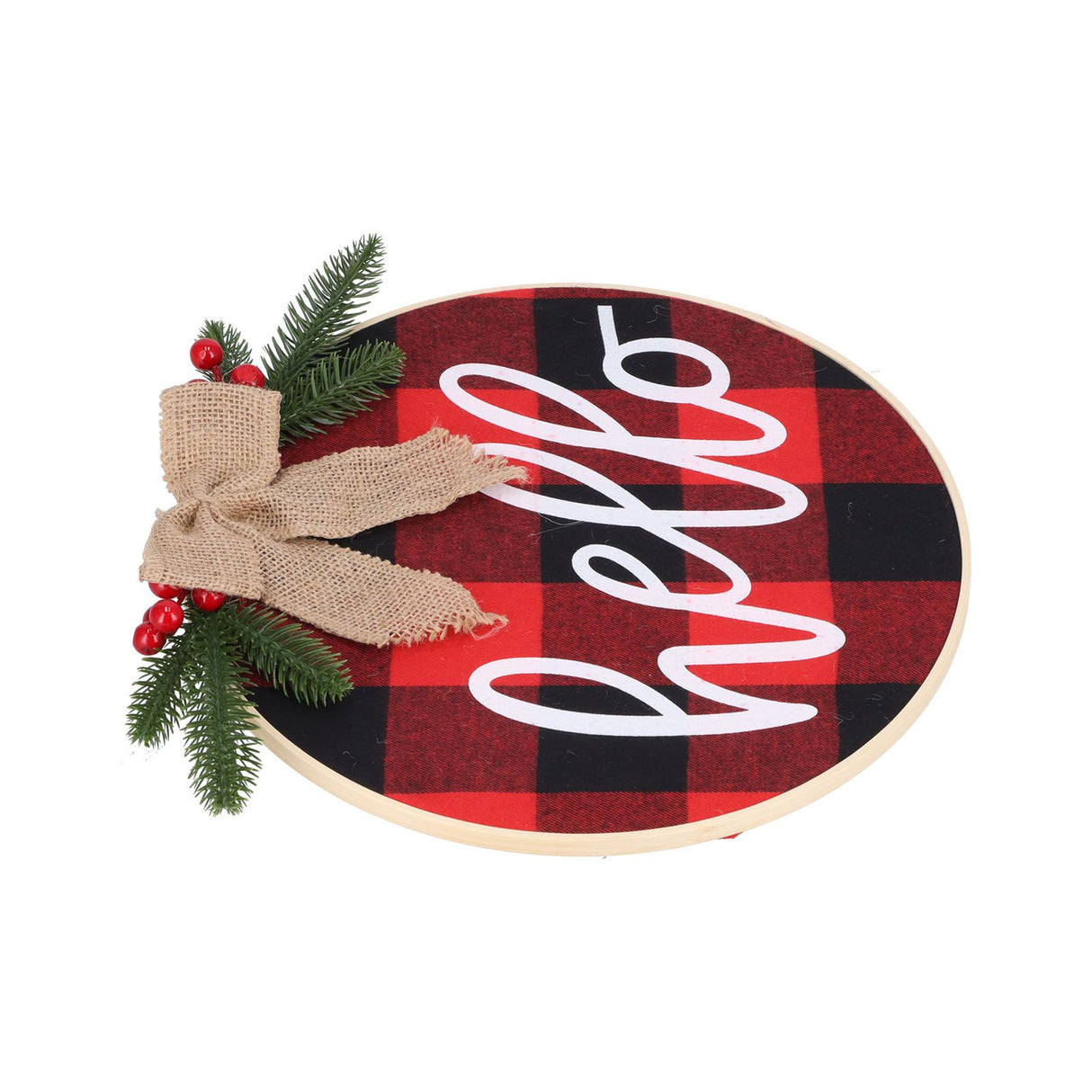 Hello Sign for Front Door Check Plaid Linen Round Front Door Wreaths for Christmas Decoration