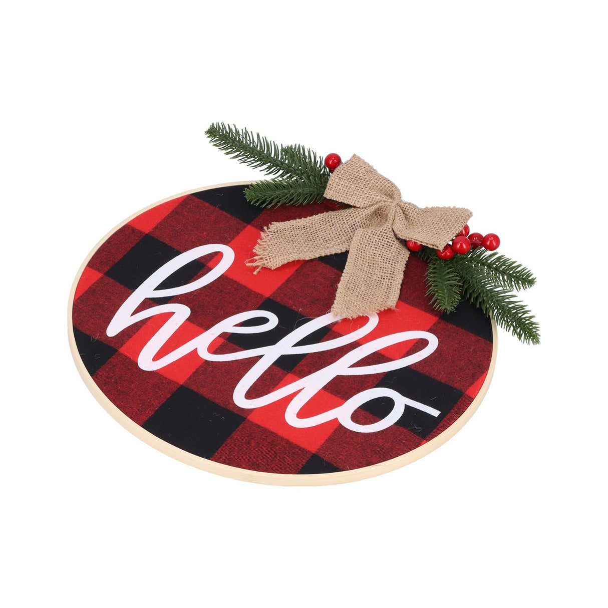 Hello Sign for Front Door Check Plaid Linen Round Front Door Wreaths for Christmas Decoration