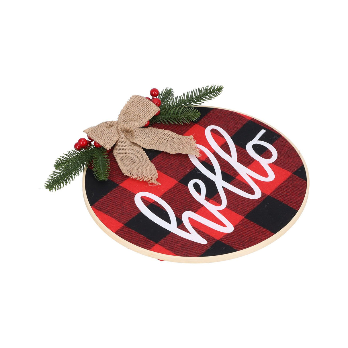Hello Sign for Front Door Check Plaid Linen Round Front Door Wreaths for Christmas Decoration