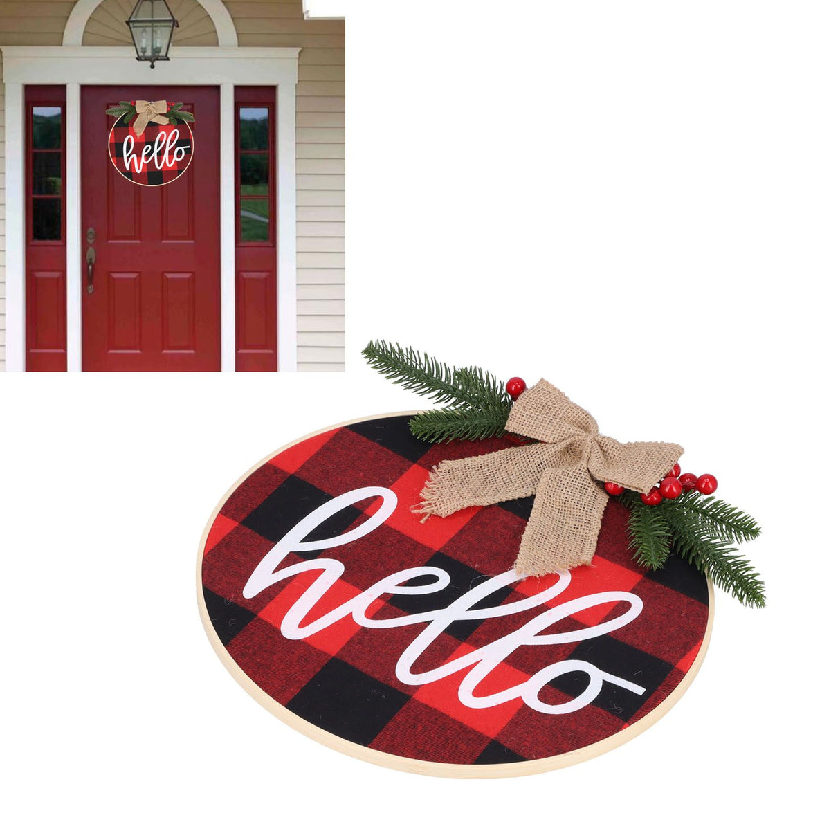 Hello Sign for Front Door Check Plaid Linen Round Front Door Wreaths for Christmas Decoration