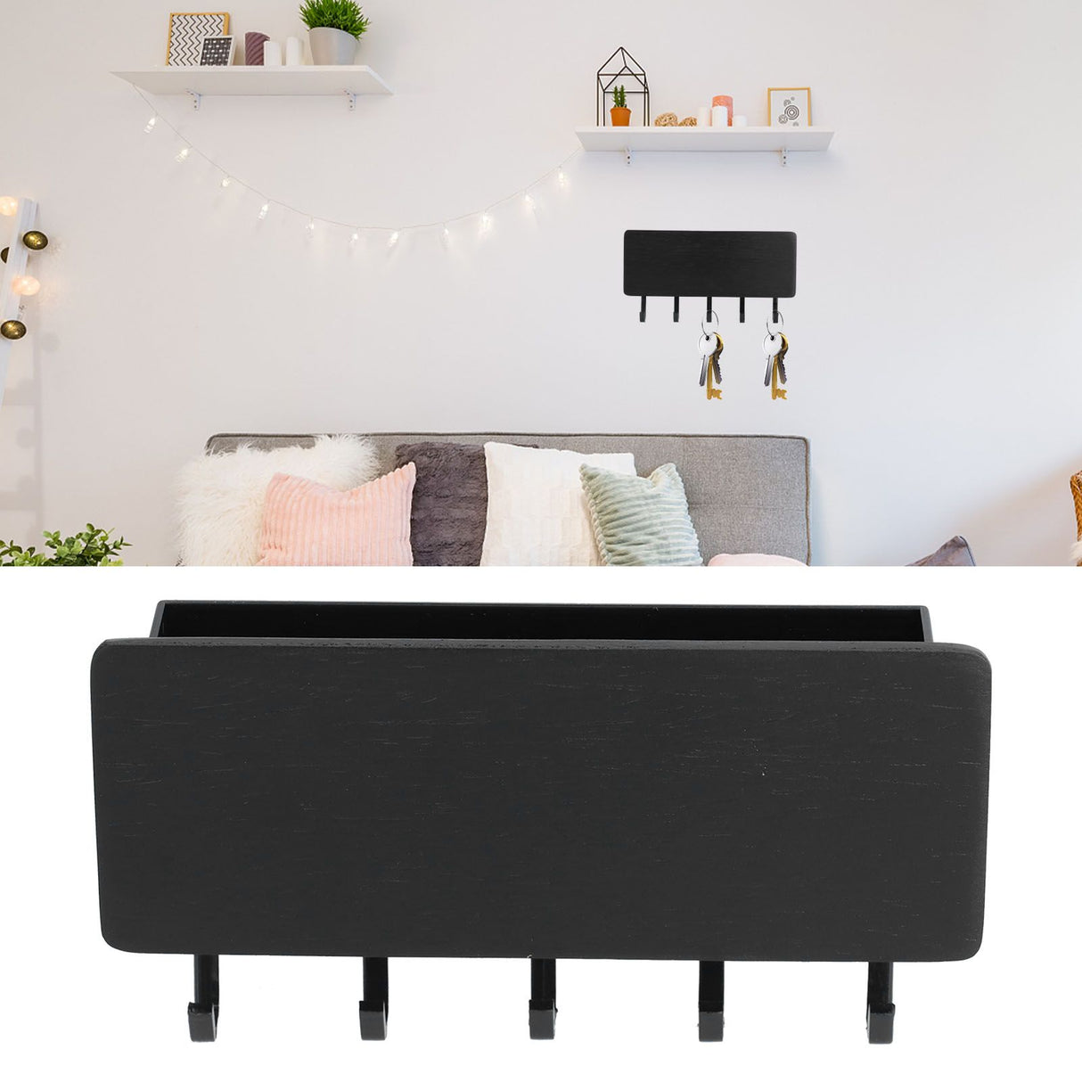 Wall Mounted Key Holder Bamboo Modern Anti Slip Key Hanger for Home Office Living RoomBlack
