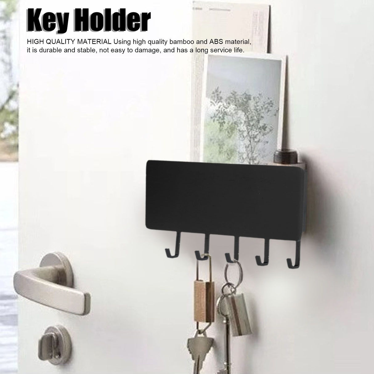 Wall Mounted Key Holder Bamboo Modern Anti Slip Key Hanger for Home Office Living RoomBlack