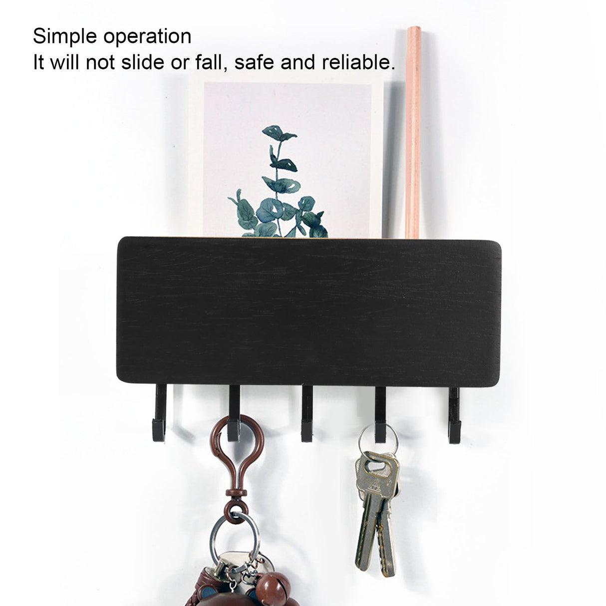 Wall Mounted Key Holder Bamboo Modern Anti Slip Key Hanger for Home Office Living RoomBlack