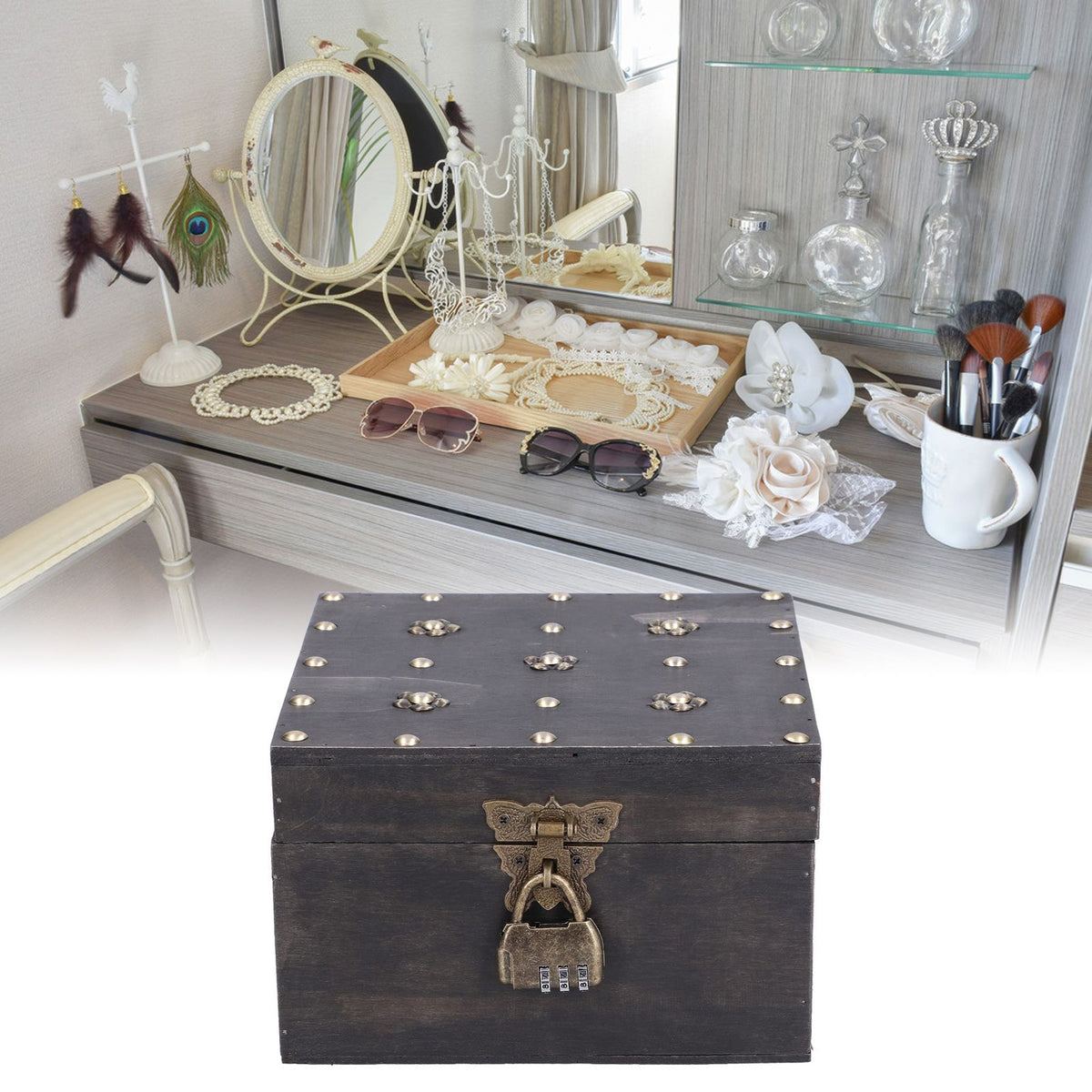 Treasure Props Storage Box with Password Lock Retro Wooden Storage Box for Home Living Room