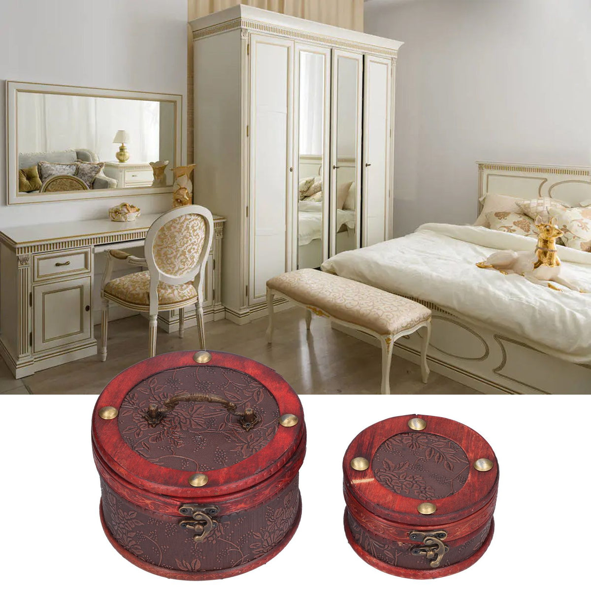 2Pcs Classical Jewelry Box with Buckle Cylinder Shape Antique Storage Case for Necklace Bracelet