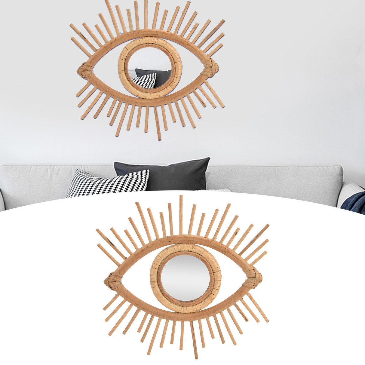 Nordic Makeup Mirror Rattan Woven Eye Shape Wall Hanging Mirror for Home Hotel Bathroom Decoration