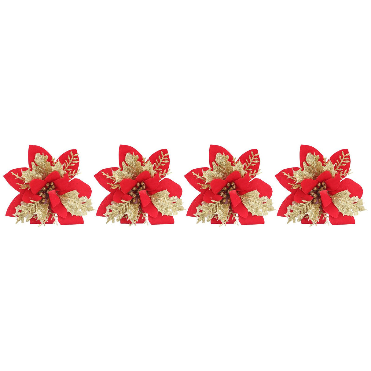 4pcs Christmas Tree Flowers Artificial Golden Red Poinsettia Christmas Tree Glitter Flowers with Golden Powder