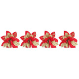 4pcs Christmas Tree Flowers Artificial Golden Red Poinsettia Christmas Tree Glitter Flowers with Golden Powder