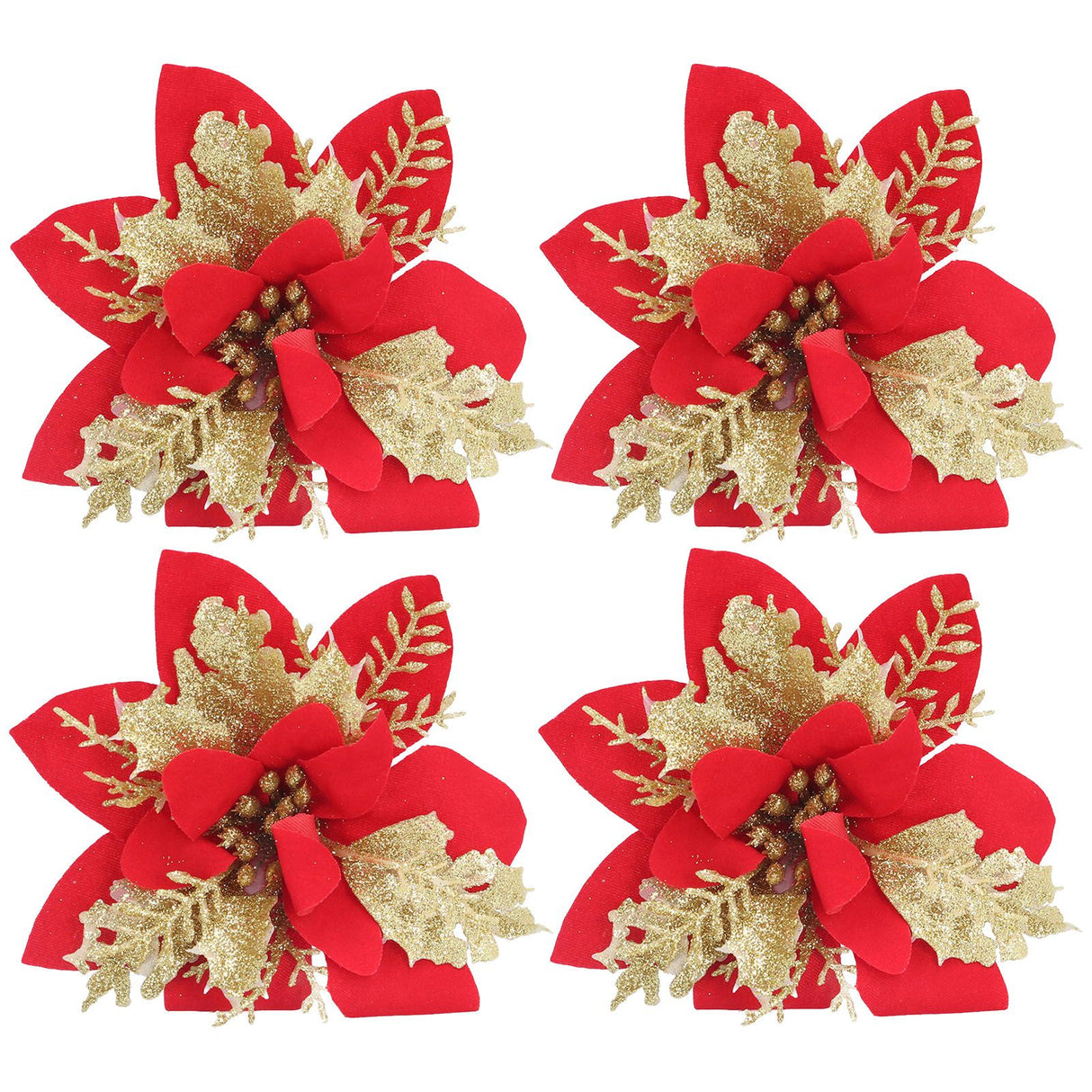 4pcs Christmas Tree Flowers Artificial Golden Red Poinsettia Christmas Tree Glitter Flowers with Golden Powder
