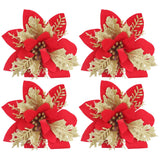 4pcs Christmas Tree Flowers Artificial Golden Red Poinsettia Christmas Tree Glitter Flowers with Golden Powder