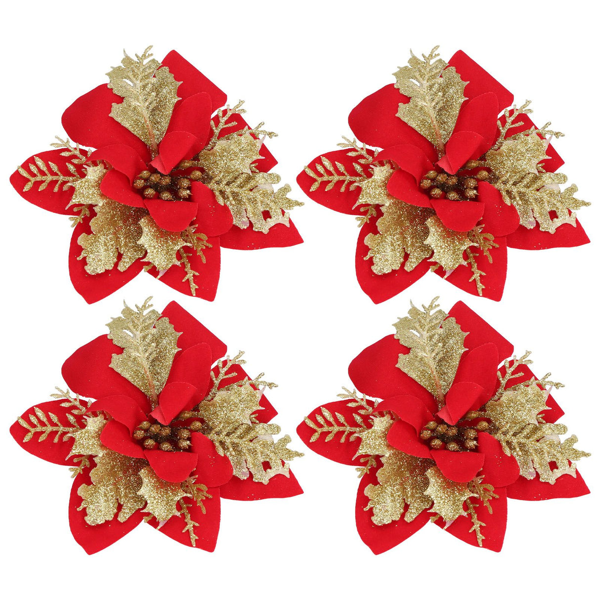 4pcs Christmas Tree Flowers Artificial Golden Red Poinsettia Christmas Tree Glitter Flowers with Golden Powder