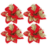 4pcs Christmas Tree Flowers Artificial Golden Red Poinsettia Christmas Tree Glitter Flowers with Golden Powder