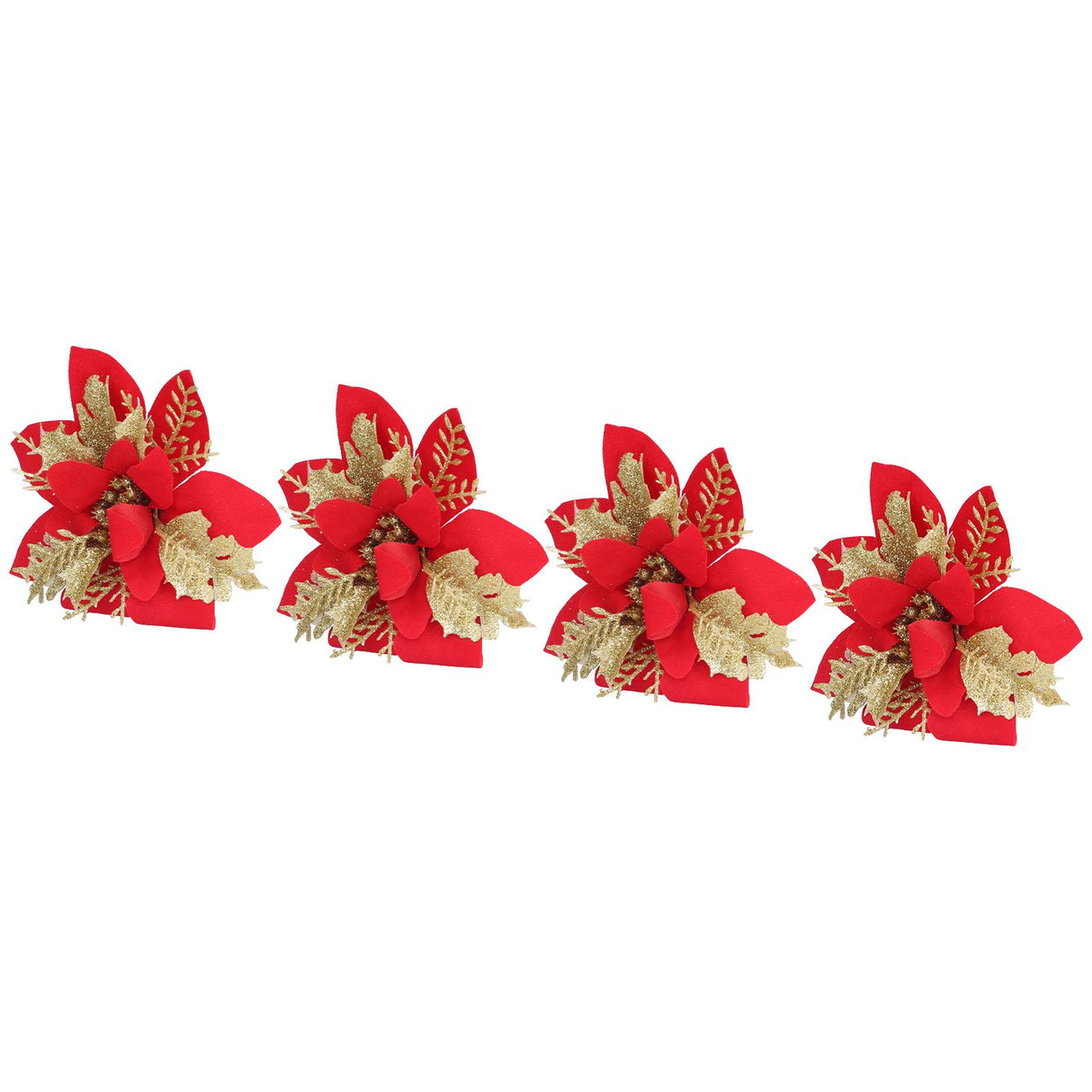 4pcs Christmas Tree Flowers Artificial Golden Red Poinsettia Christmas Tree Glitter Flowers with Golden Powder