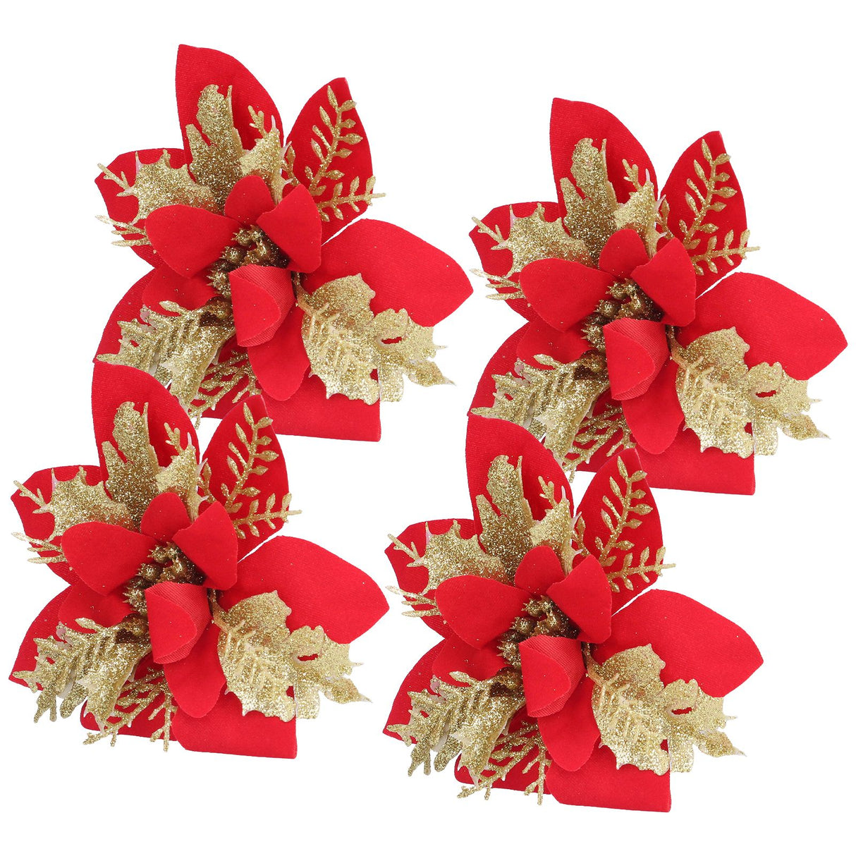 4pcs Christmas Tree Flowers Artificial Golden Red Poinsettia Christmas Tree Glitter Flowers with Golden Powder