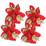 4pcs Christmas Tree Flowers Artificial Golden Red Poinsettia Christmas Tree Glitter Flowers with Golden Powder