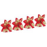 4pcs Christmas Tree Flowers Artificial Golden Red Poinsettia Christmas Tree Glitter Flowers with Golden Powder