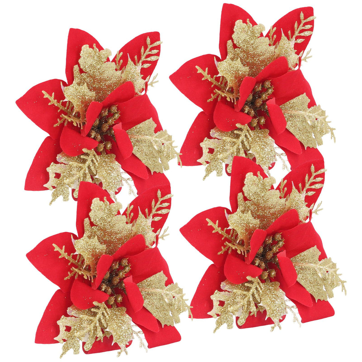 4pcs Christmas Tree Flowers Artificial Golden Red Poinsettia Christmas Tree Glitter Flowers with Golden Powder