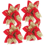 4pcs Christmas Tree Flowers Artificial Golden Red Poinsettia Christmas Tree Glitter Flowers with Golden Powder