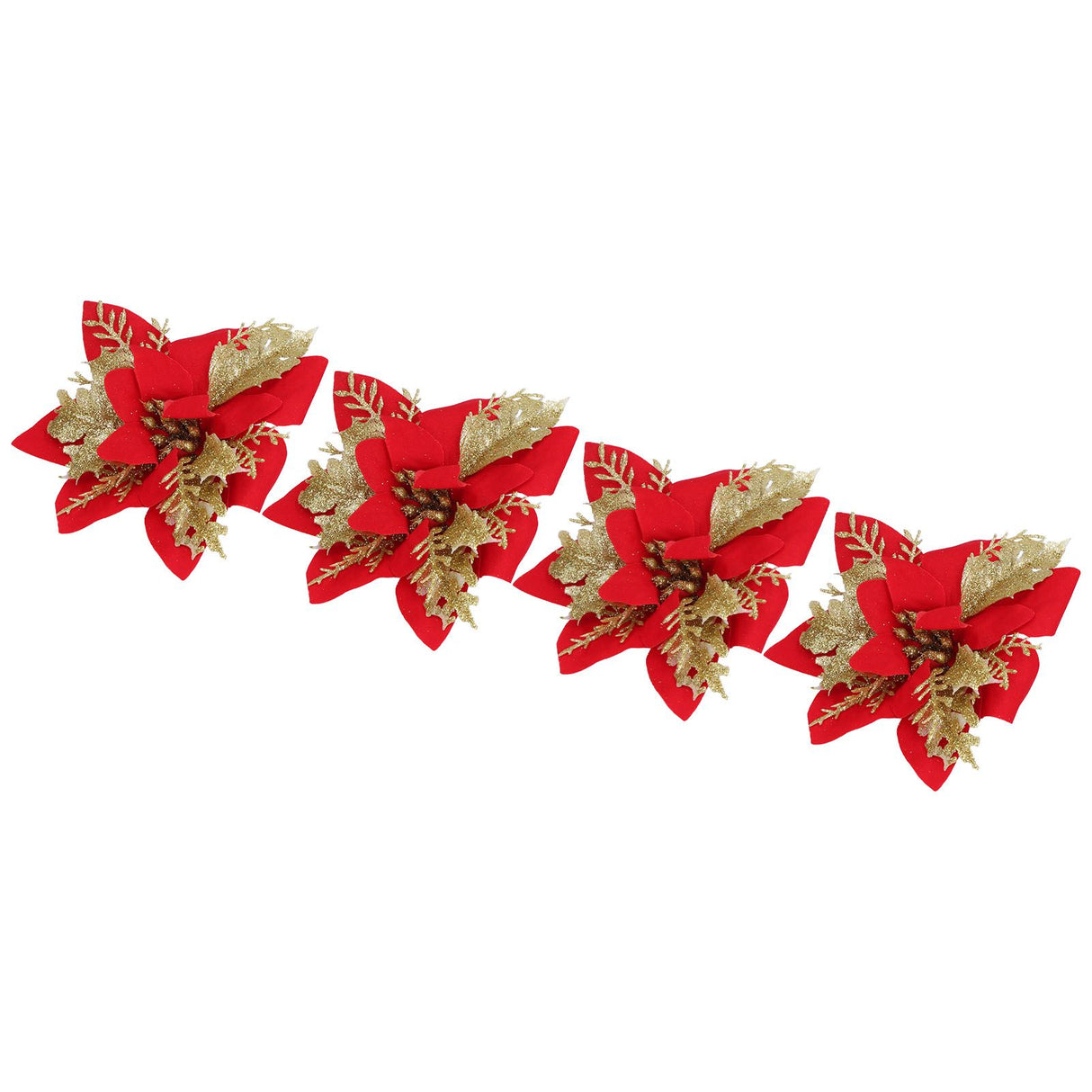4pcs Christmas Tree Flowers Artificial Golden Red Poinsettia Christmas Tree Glitter Flowers with Golden Powder