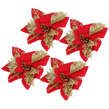 4pcs Christmas Tree Flowers Artificial Golden Red Poinsettia Christmas Tree Glitter Flowers with Golden Powder