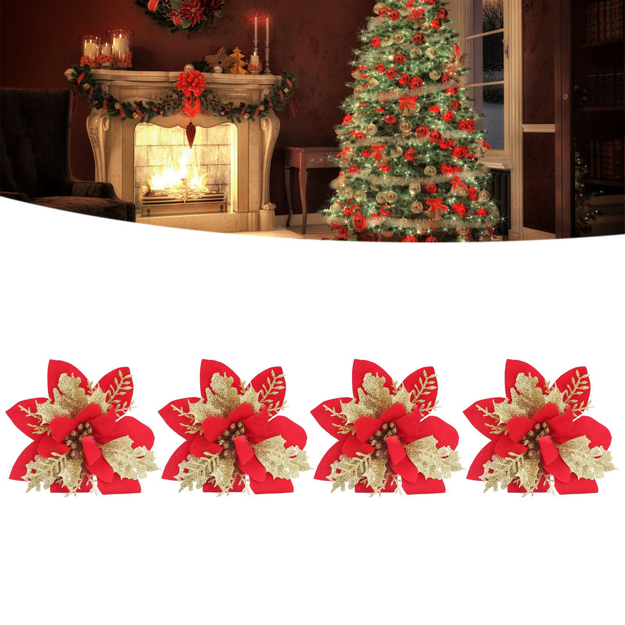 4pcs Christmas Tree Flowers Artificial Golden Red Poinsettia Christmas Tree Glitter Flowers with Golden Powder