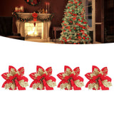 4pcs Christmas Tree Flowers Artificial Golden Red Poinsettia Christmas Tree Glitter Flowers with Golden Powder