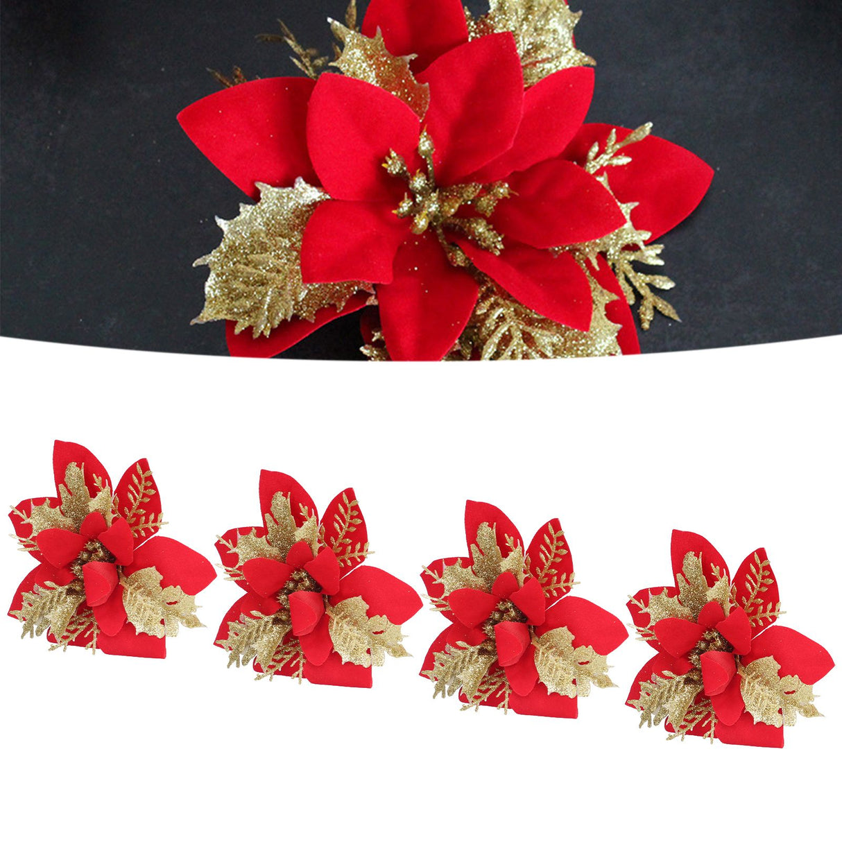 4pcs Christmas Tree Flowers Artificial Golden Red Poinsettia Christmas Tree Glitter Flowers with Golden Powder