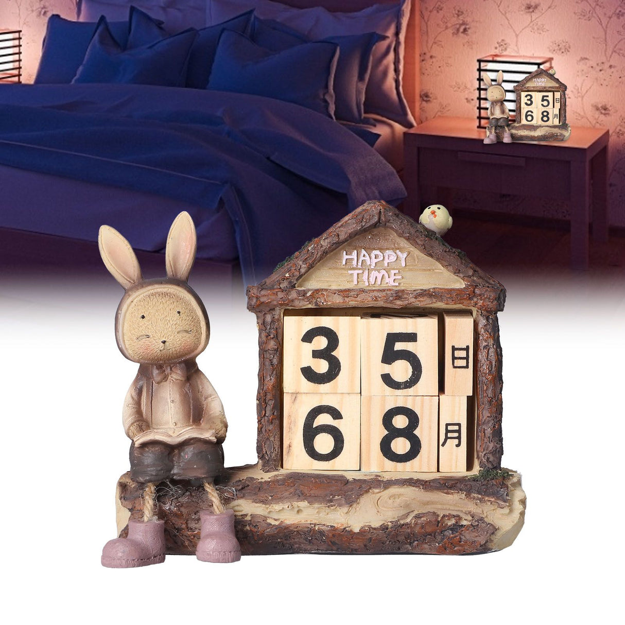 Rabbit House Calendar Cute Cartoon Wooden Block Home Decoration Calendar for Desk Office