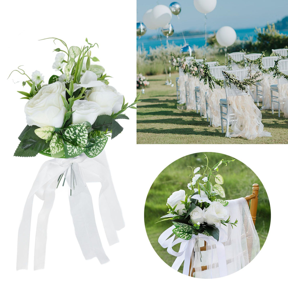 Wedding Aisle Chair Decorations Artificial Chair Flowers with Drapery for Party Photography Wedding