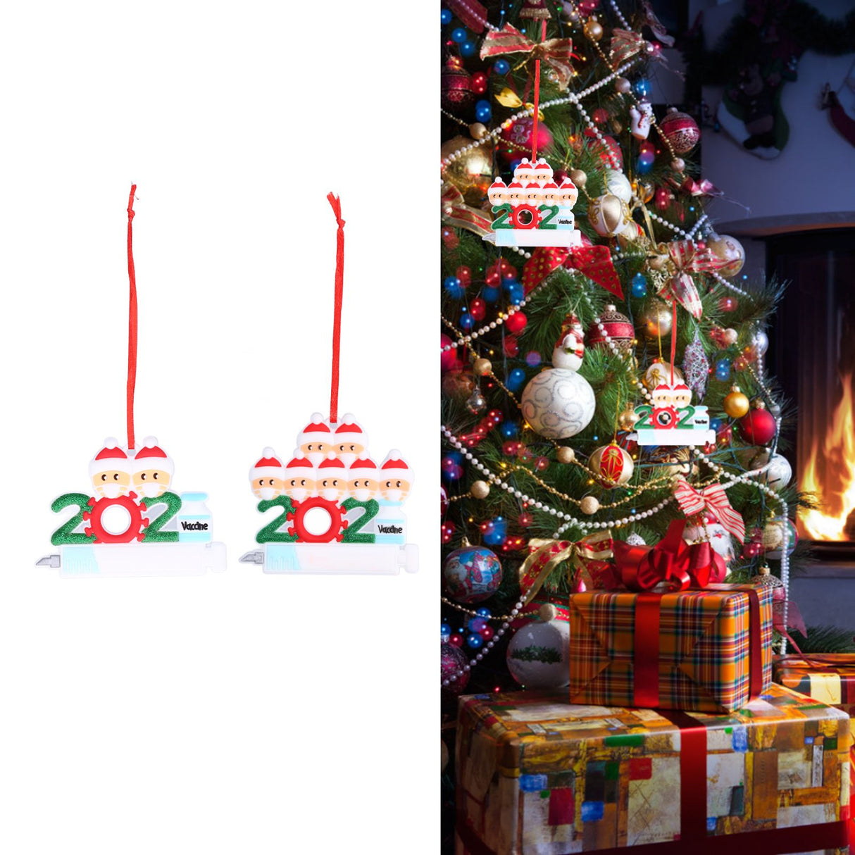 2pcs 2021 Vaccine Christmas Ornaments Hanging Personalized Christmas Tree Ornaments for Friends and FamilyFamily of Two+Seven