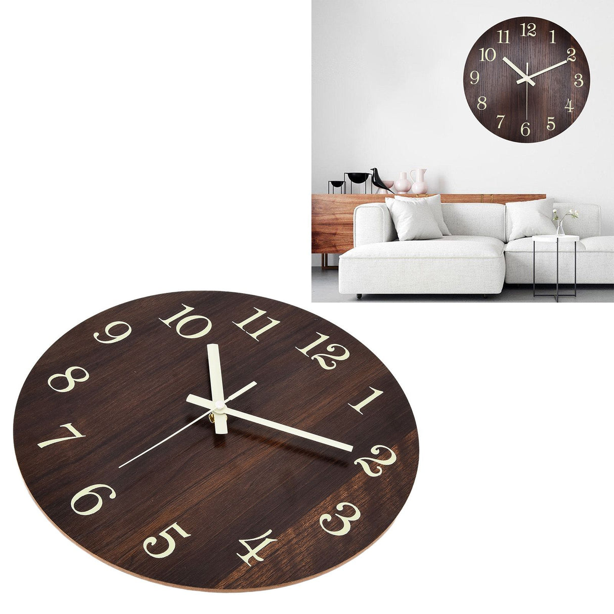 Wood Wall Clock Retro Style Quiet Silent Quartz Movement 3D Luminous Retro Wall Clock for Bedroom Office Kitchen