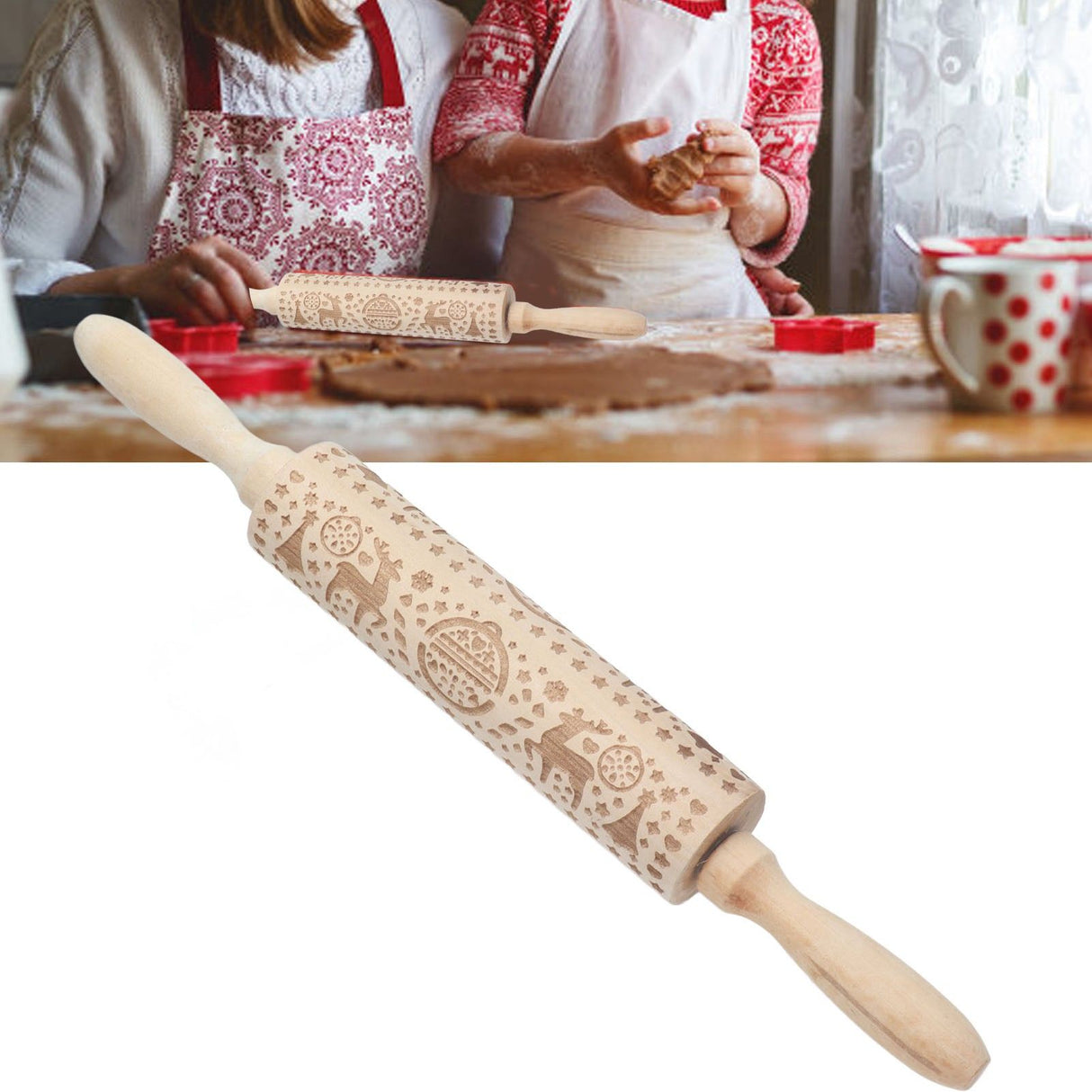 Christmas Rolling Pin Christmas Embrossed Wooden Rolling Pins with Reindeer Pattern for Baking Cookies Kitchen Tool