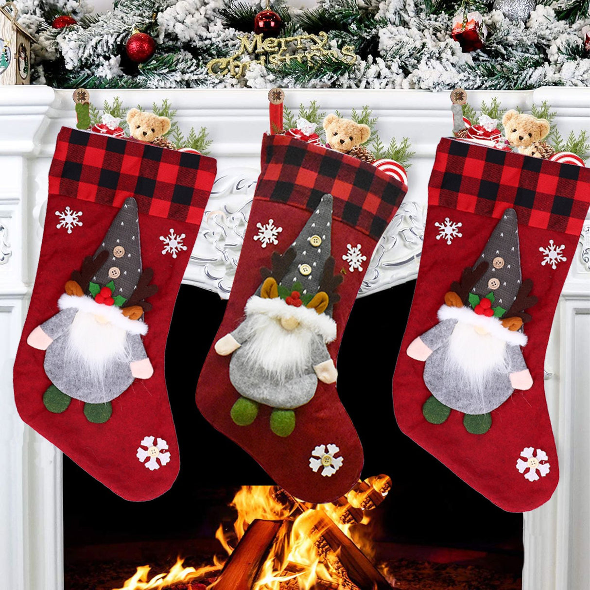 Christmas Stocking with Faceless Doll Decor Home Shop Party Xmas Tree Gift Bag Ornament PendantRed